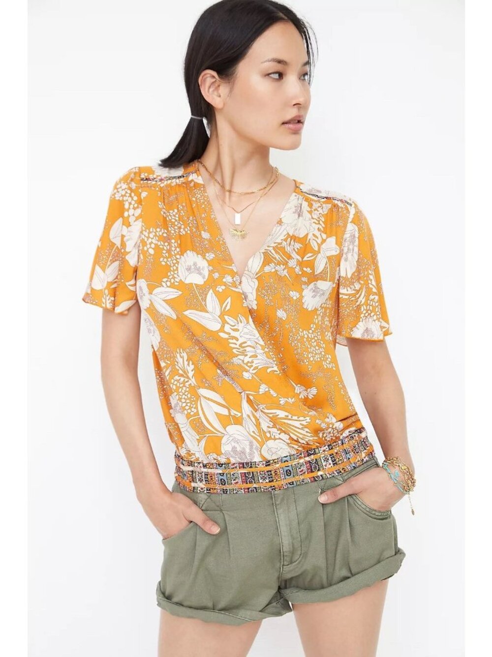 Anthropologie TINY Floral Surplice Top XL Orange Kimono Sleeve V Neck 71981T